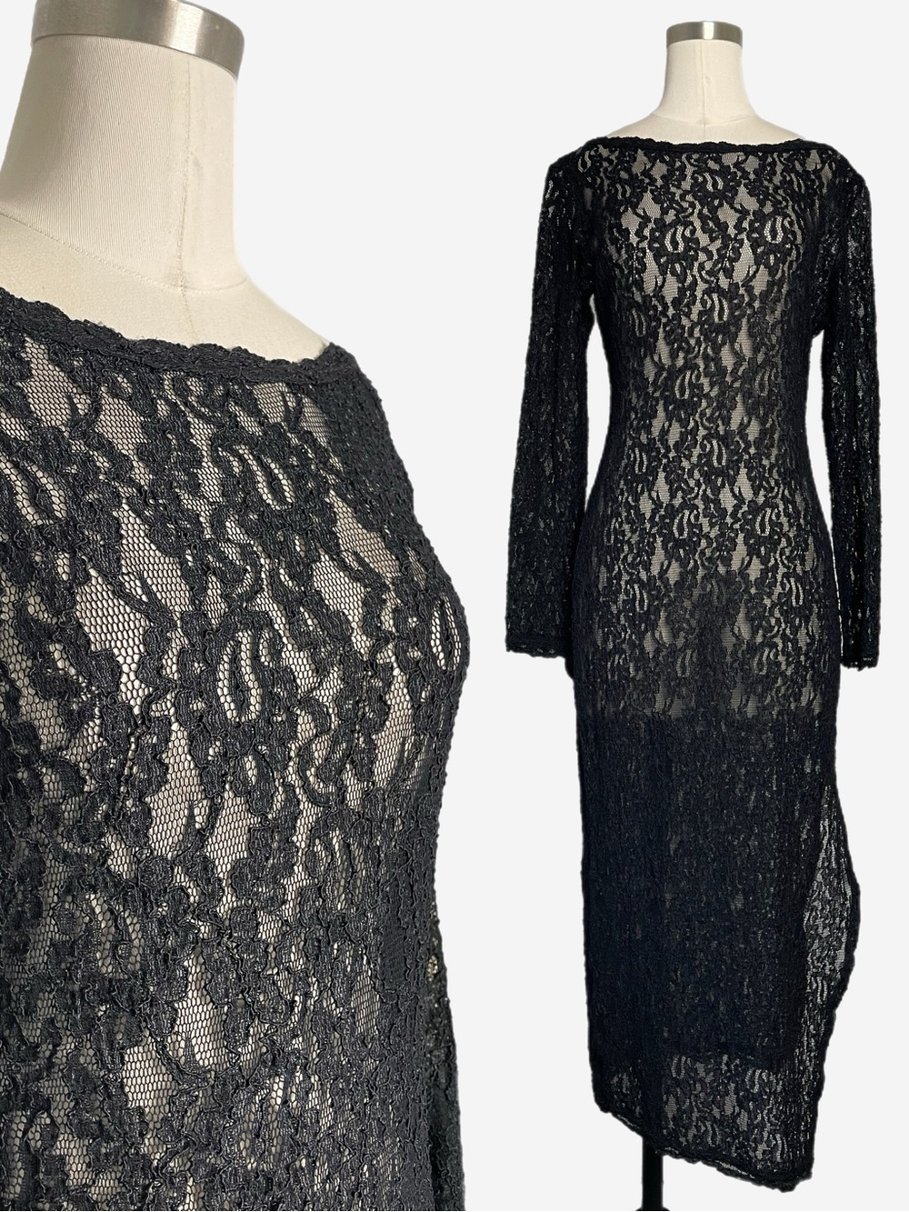 Vintage 90s Laundry by Shelli Segal Black sheer floral lace dress whimsigoth S
